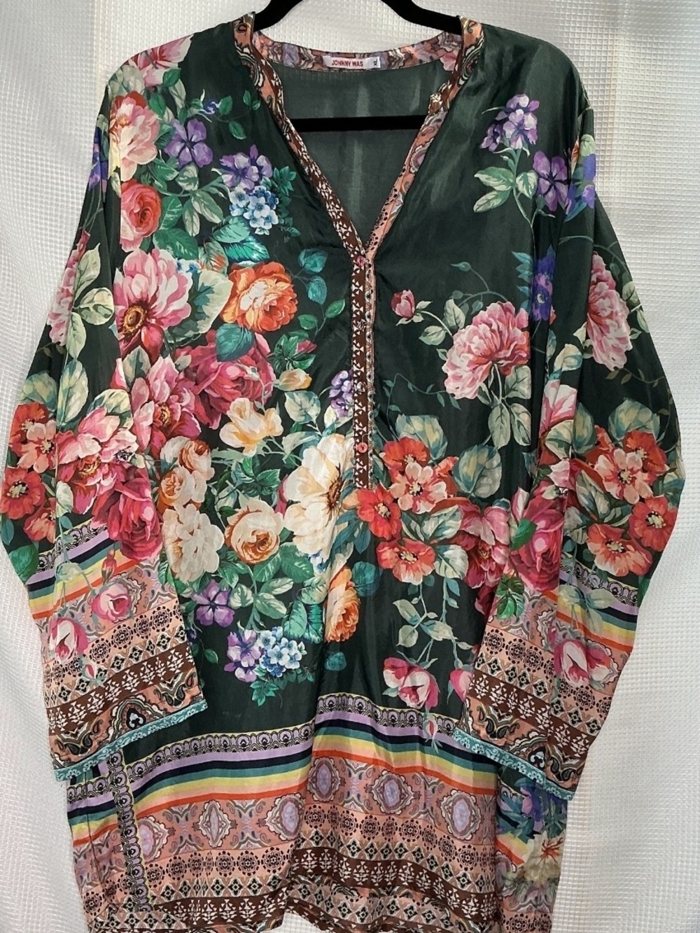 Silk Floral V-Neck Women's Top - Dark Green Multicolor